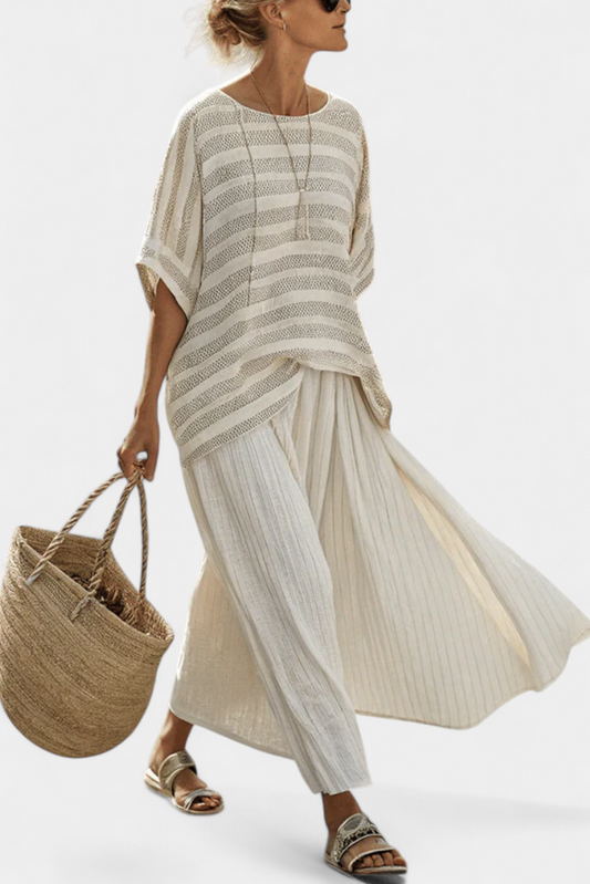 Graziella — Top a righe in bambù naturale e pantaloni fluidi in lino
