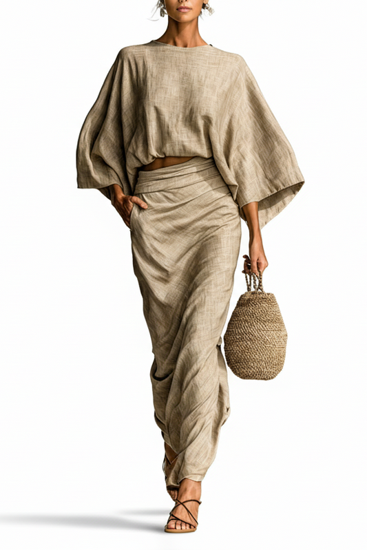 Elegante completo in lino con gonna lunga
