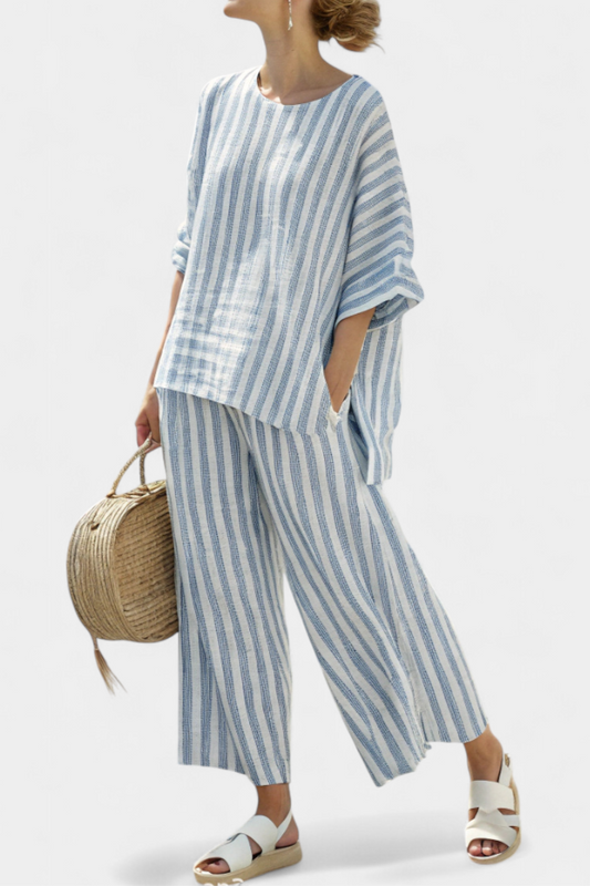 Federica — Sofisticato top in lino a righe blu e pantaloni dal taglio morbido